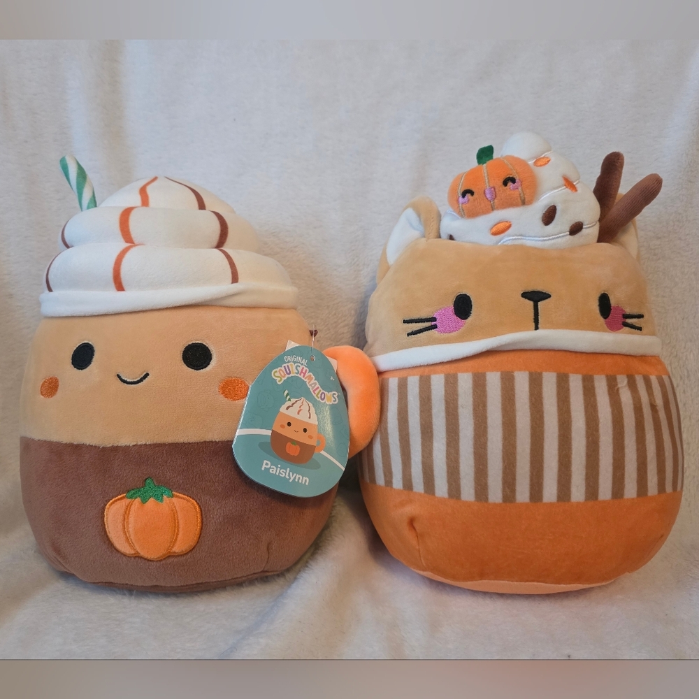 Squishmallows Fall Pumpkin Latte and Cat Plush Duo